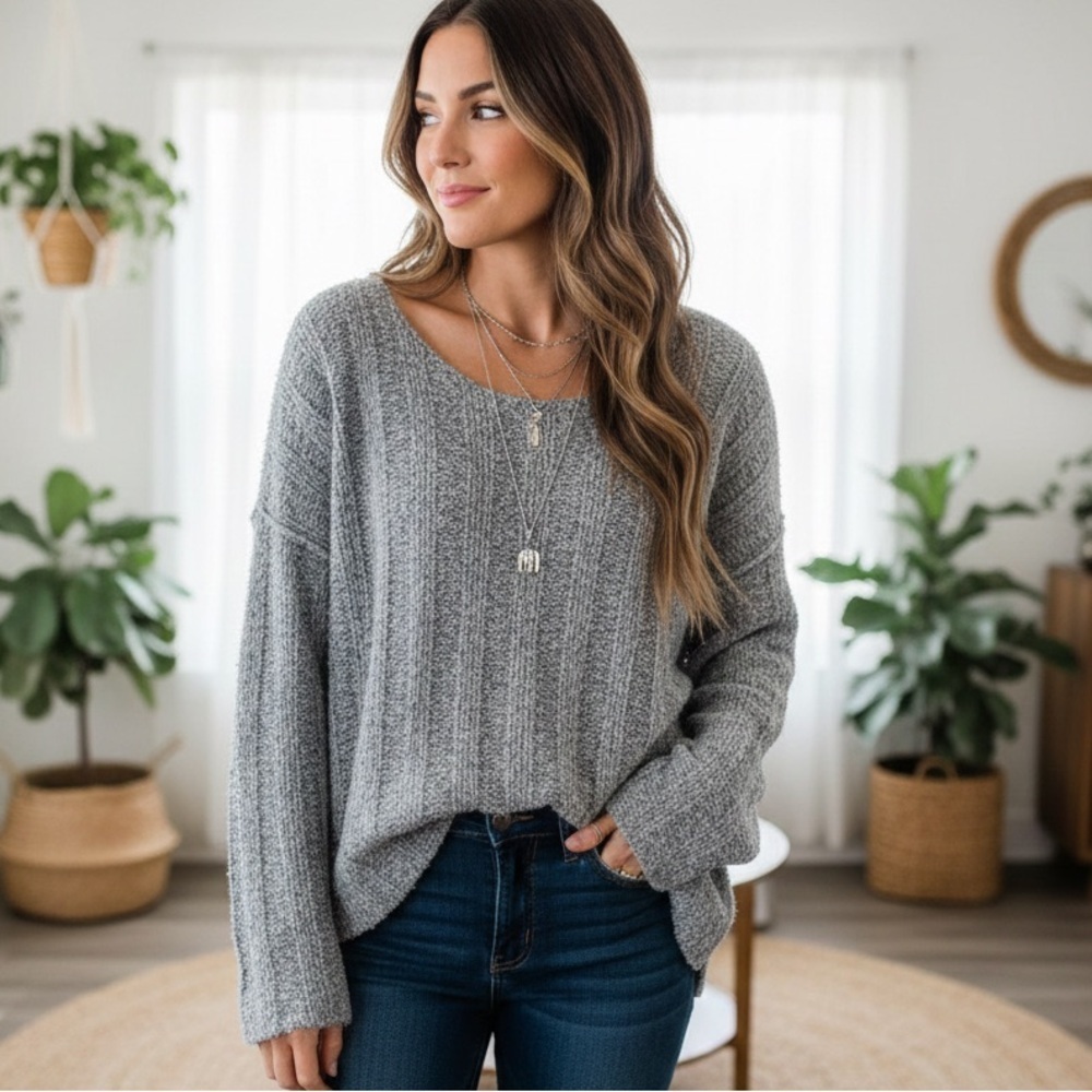 Entro Grey Knit Cozy Boho Oversized Sweater Large Coastal Grandmother Poetcore
